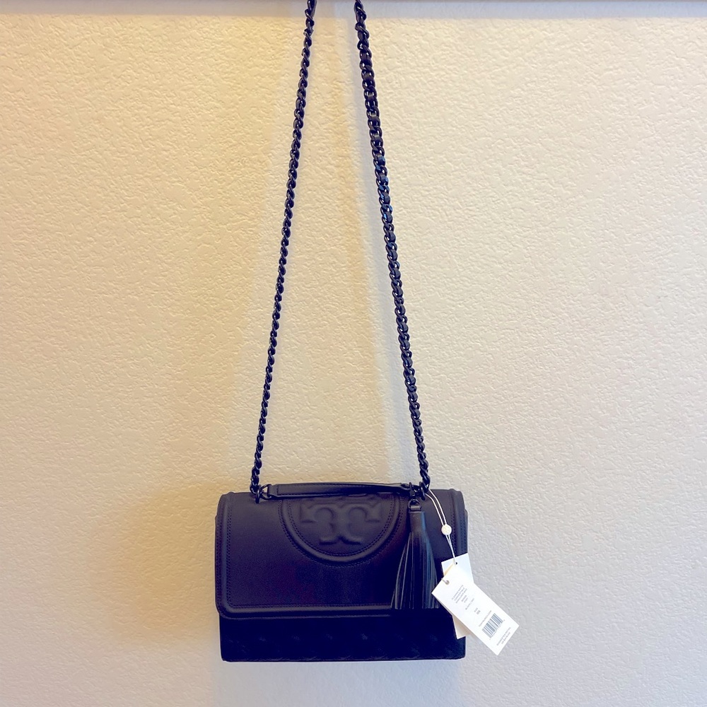 Tori Burch Fleming Matte black convertible crossbody.